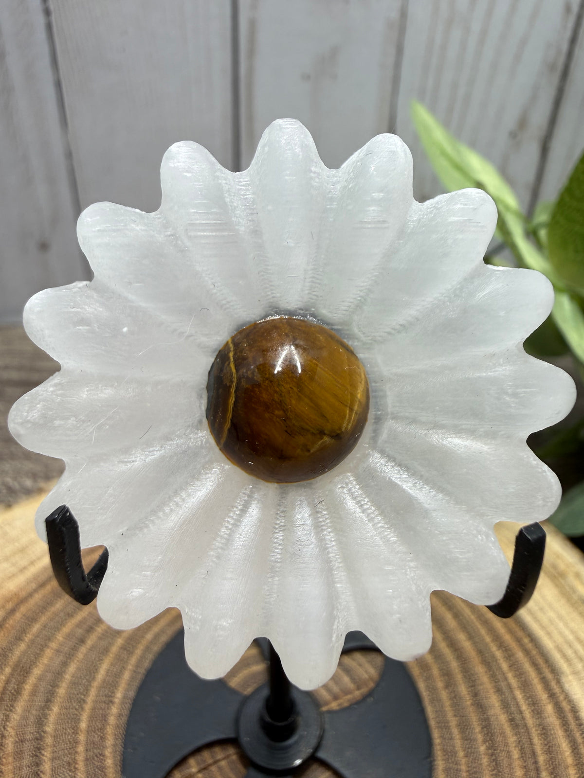Daisy on Stand - Selenite and orange calcite or tigers eye middles