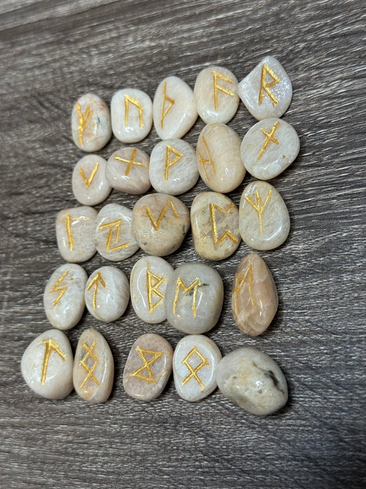 Peach Moonstone Rune Stones Set #1 Crystal with Elder Futhark Letterings