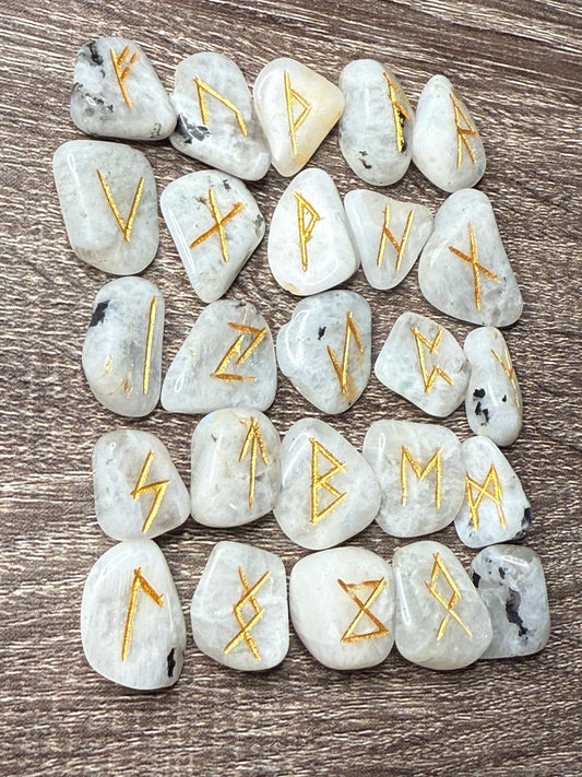 Rainbow Moonstone Rune Stones Set #2 Crystal with Elder Futhark Letterings