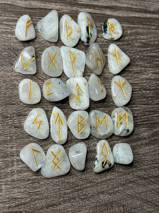 Rainbow Moonstone Rune Stones Set #1 Crystal with Elder Futhark Letterings
