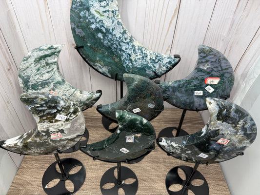Moss Agate Moons on Stands (larger)