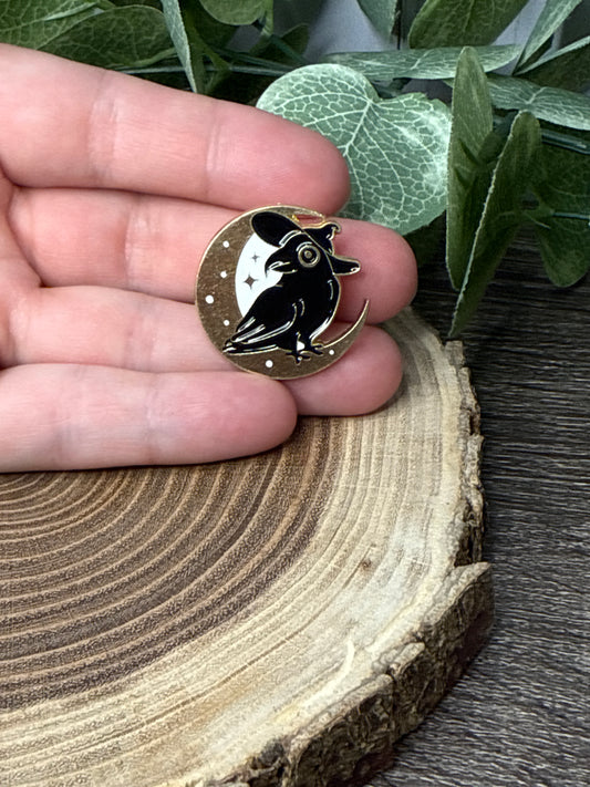 Bird with Witch Hat and Moon Pin