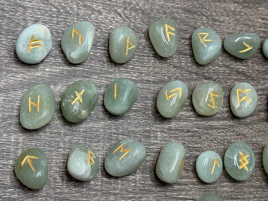 Green Aventurine Rune Stones Set Crystal with Elder Futhark Letterings - Set 1