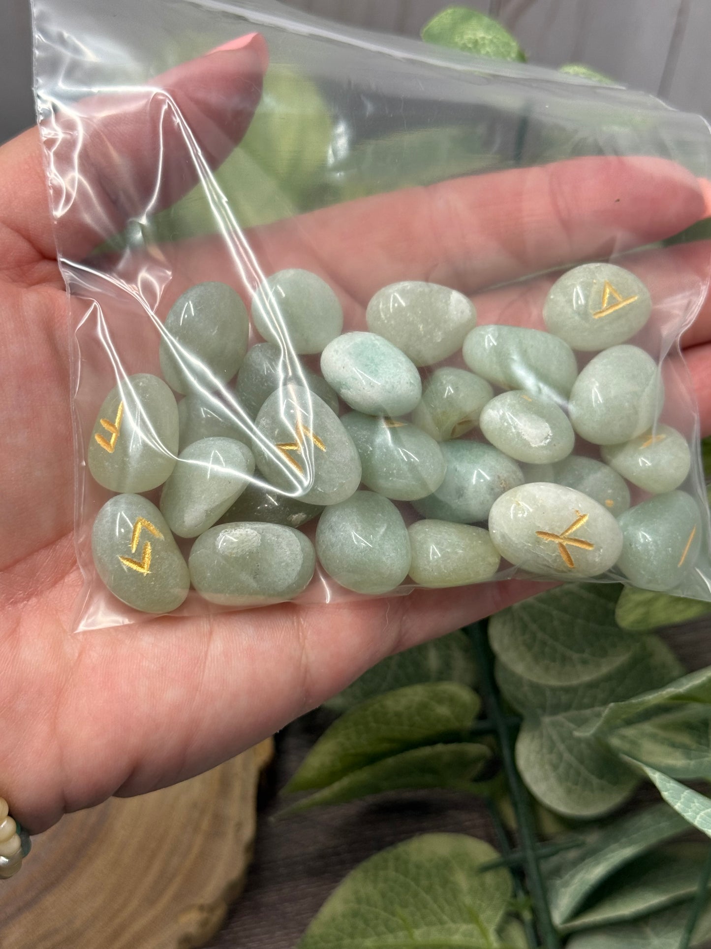 Green Aventurine Rune Stones Set Crystal with Elder Futhark Letterings - Set 1