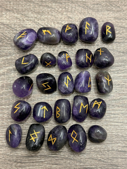 Amethyst Rune Stones Set Crystal with Elder Futhark Letterings - Set 2