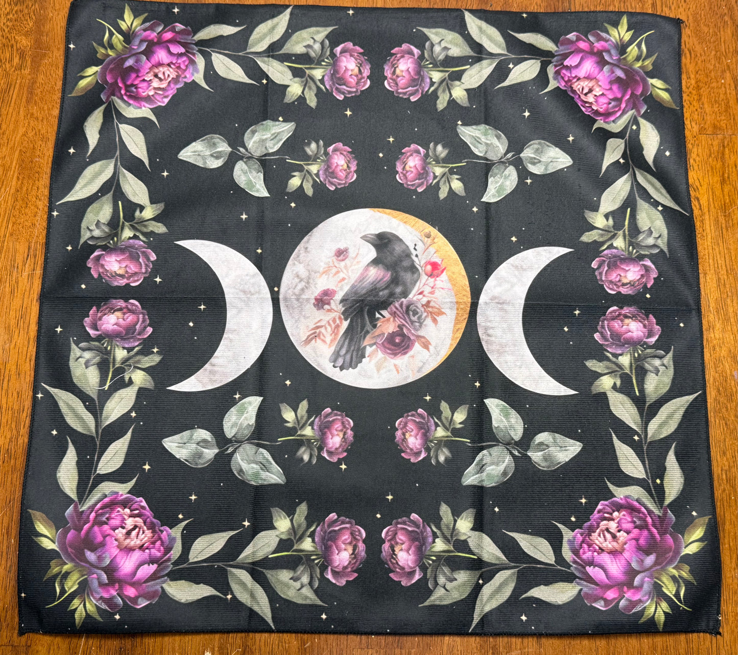 Altar Cloth - bird, triple moon, purple flowers, green leaves, raven, crow