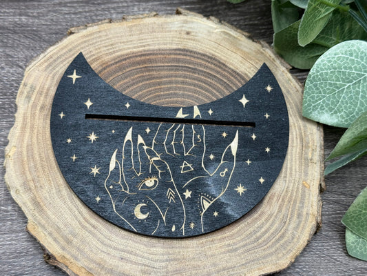 Card Stand, Card Holder, Card Board - Wooden Half Moon, mystical hands, eye, moon