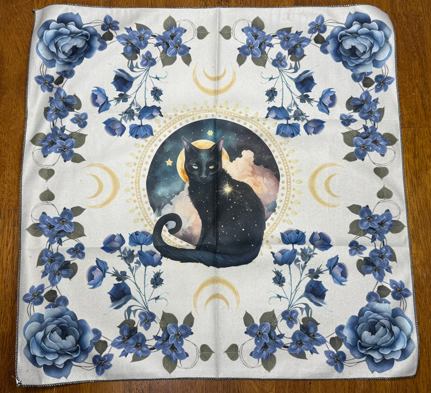 Altar Cloth - white with black mystical cat and blue flowers
