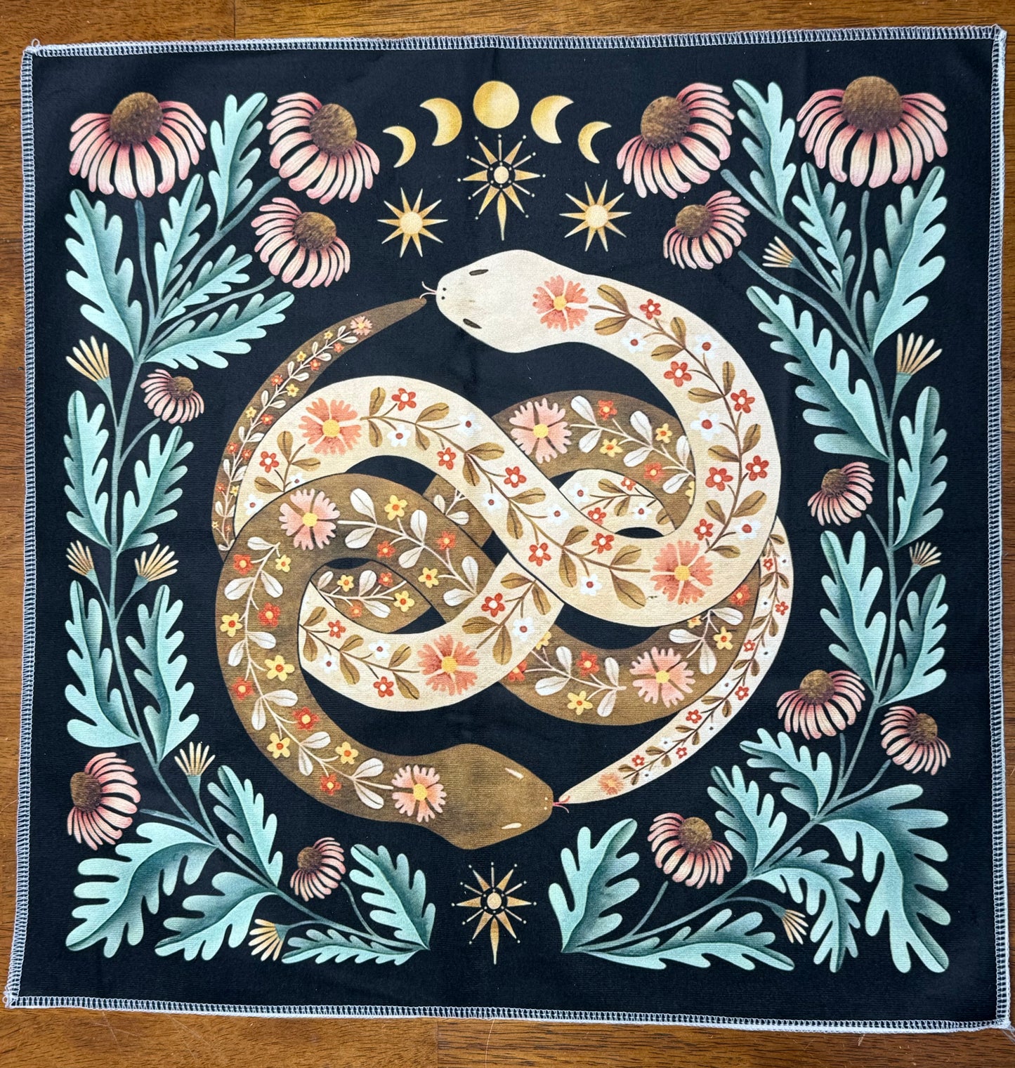 Altar Cloth - black - Floral Intertwined snakes, moon phase, flowers, Sun