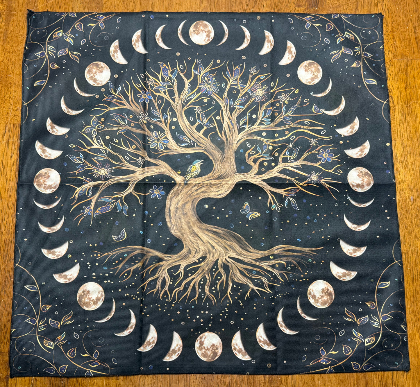 Altar Cloth - Black, Tree with bird, butterflies, circular Moon phases