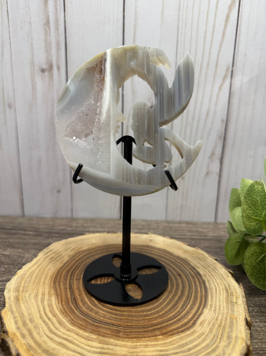 Fairy and Moon Carving on Stand - Druzy Agate
