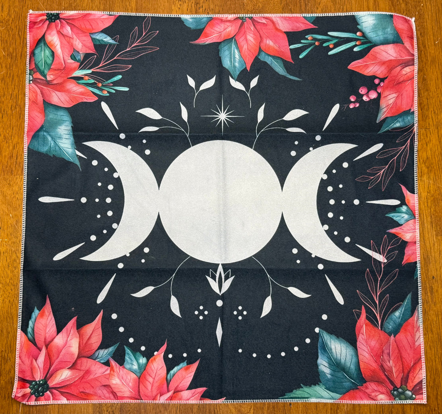 Altar Cloth - Black - Gray Triple Moon, Red Flowers, Pointsettias