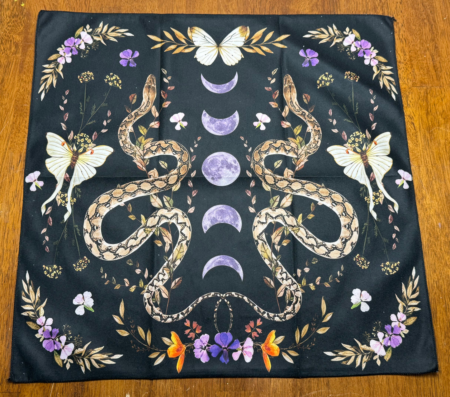 Altar Cloth - black snake, moth, purple moon phase, purple orange flowers