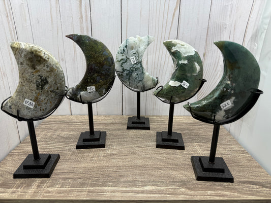 Smaller Moss Agate Moons on Stands (Square Base)