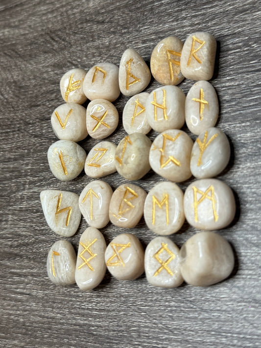 Peach Moonstone Rune Stones Set #2 Crystal with Elder Futhark Letterings