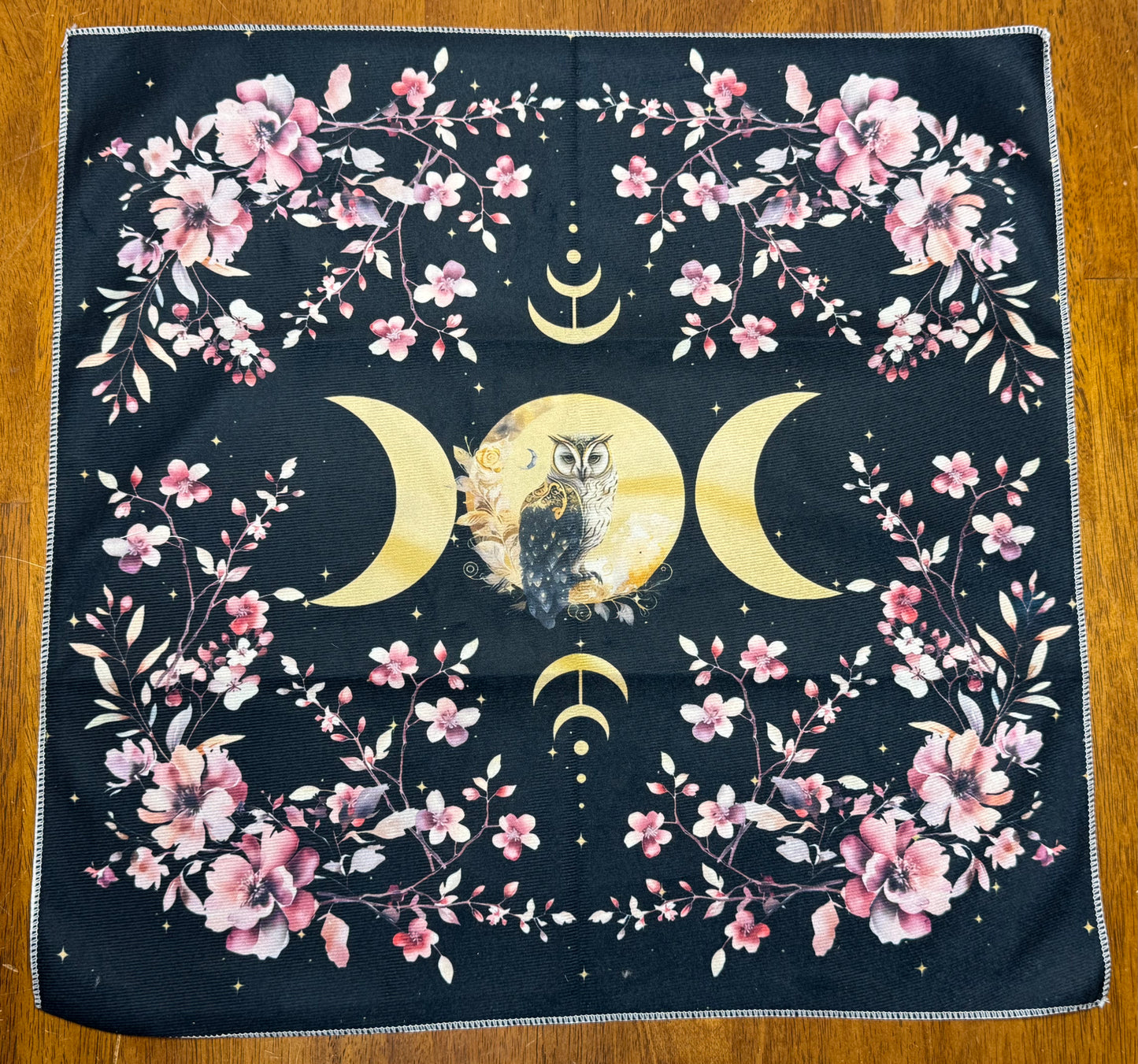 Altar Cloth suede - Owl, Triple Moon, Cherry Blossom Pink Flowers