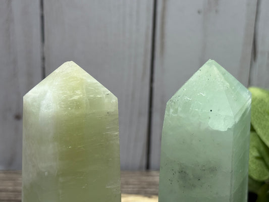 Misfit Pistachio Calcite Towers - chipped tips