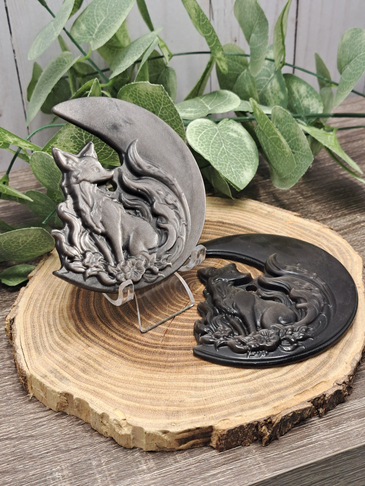 Nine Tailed Fox with Moon - Silver Sheen Obsidian