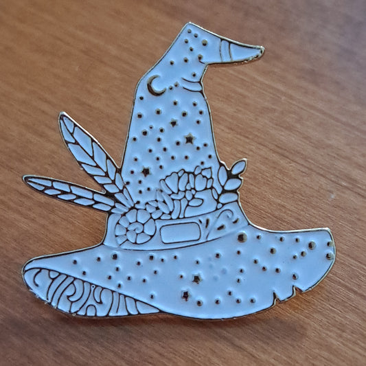 Witch Hat With Feathers, White Pin