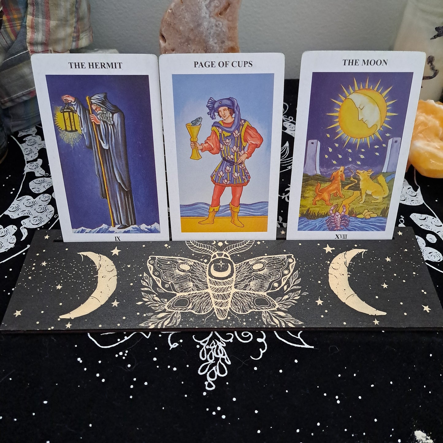 Card Stand, Card Holder, Card Board - Wooden Rectangle Moth & Moons