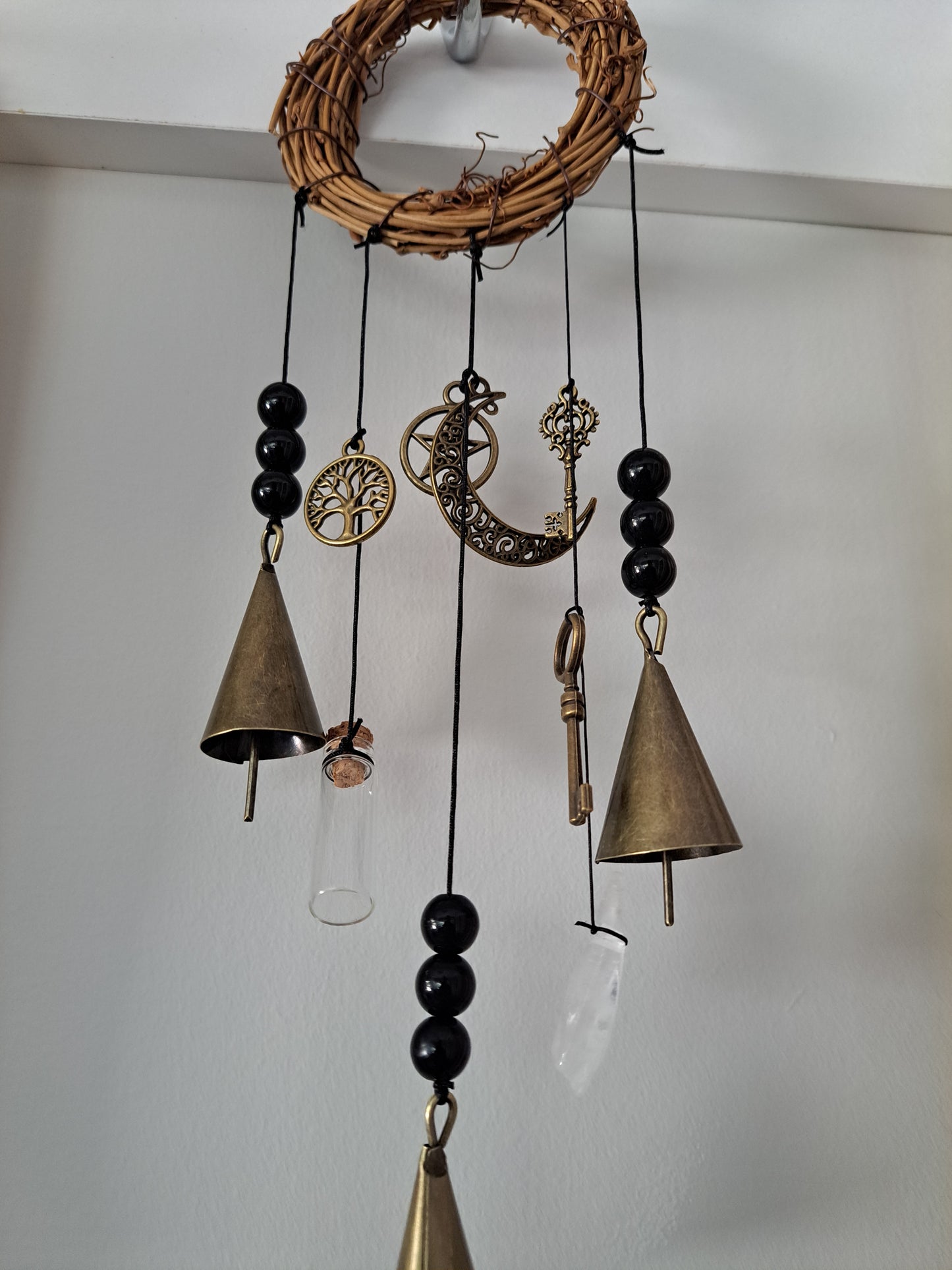 Witch Bells for Home Protection,(crystal and bottle)Handmade Witchy Decor for Attracts Positive and Drive Out Negative, Boho Door Handle Garden Patio Magic Bell Beads Wicca Supplies, Hanging Bells