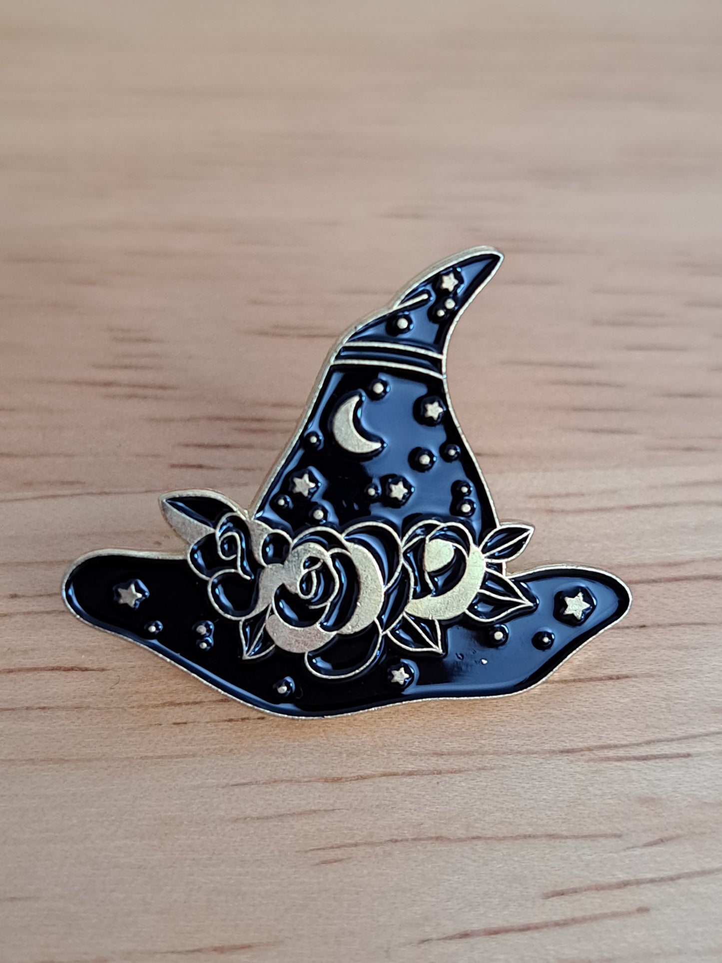 Witch Hat Moon Pin - black small with flowers