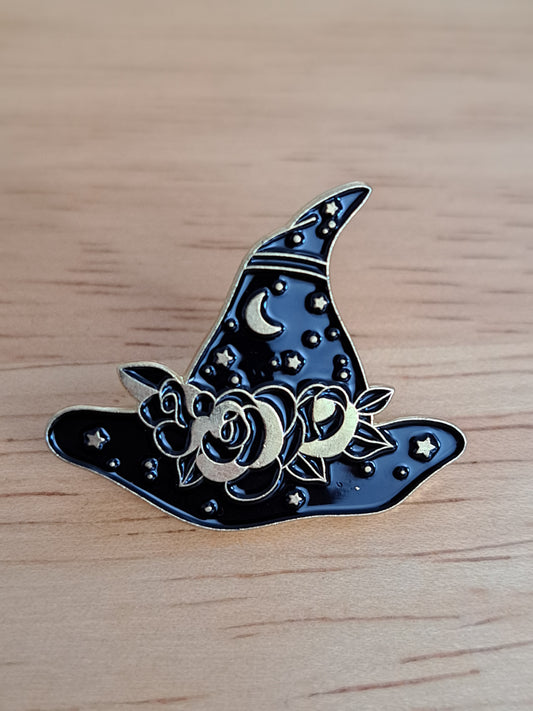 Witch Hat Moon Pin - black small with flowers