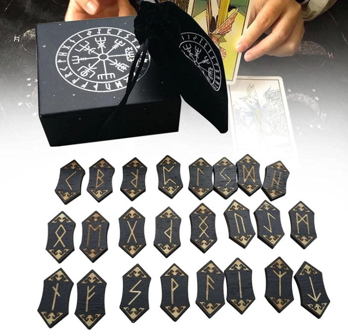 Wooden Rune Stones Set with Elder Futhark Letterings