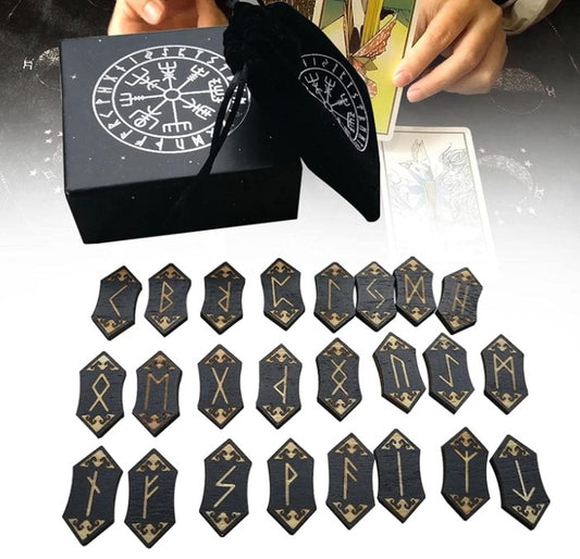 Wooden Rune Stones Set with Elder Futhark Letterings