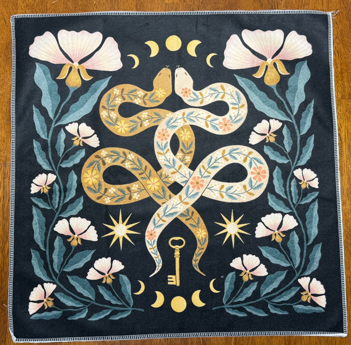 Altar Cloth - black - 2 snakes, moon phase beige flower, key, Sun