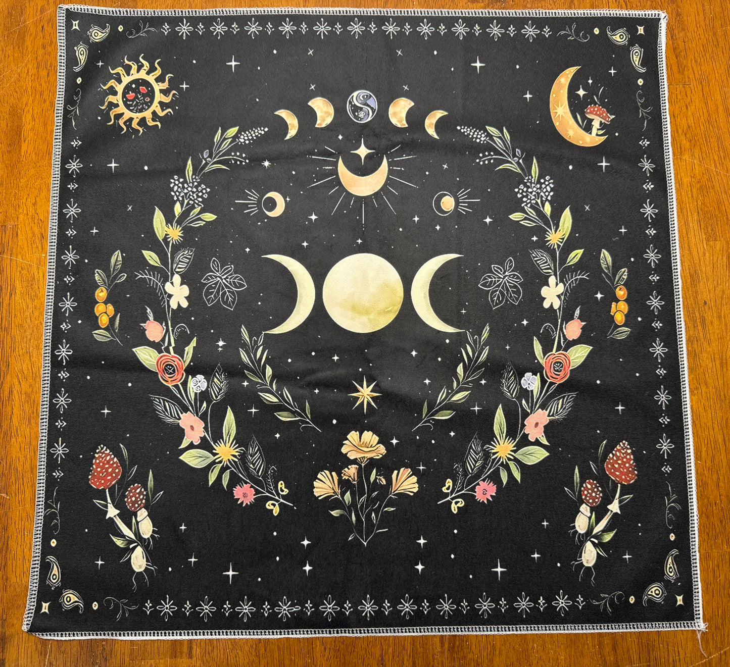 Altar Cloth - black - Triple Moon, Moon Phase, Yin Yang, floral Border with Mushrooms