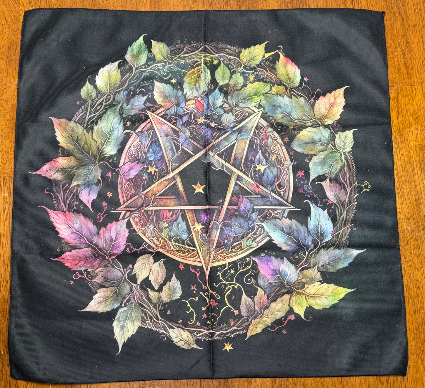 Altar Cloth - Black - Pentacle, colourful leaves surrounding
