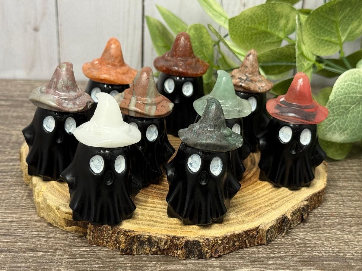 Obsidian Ghost Carving with Different Crystal Hats