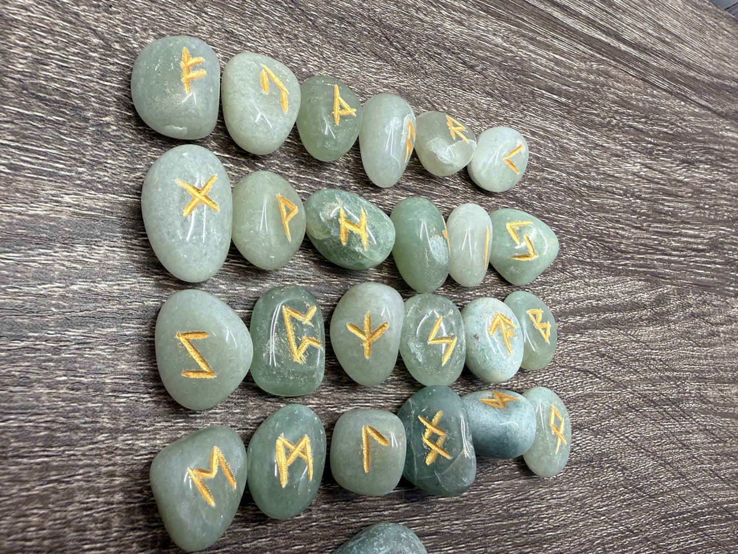 Green Aventurine Rune Stones Set Crystal with Elder Futhark Letterings - Set 2