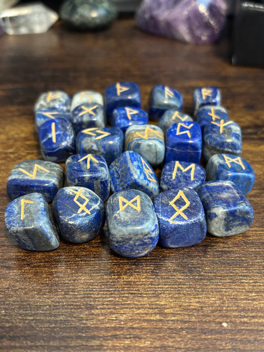 Lapis Lazuli Gemstone Rune Engraved Elder Futhark Lettering