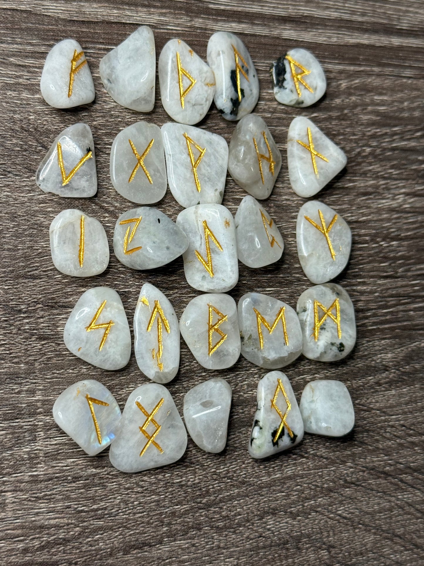 Rainbow Moonstone Rune Stones Set #1 Crystal with Elder Futhark Letterings
