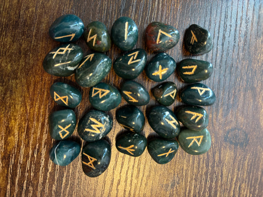 Bloodstone Rune Stones Set Crystal with Elder Futhark Letterings