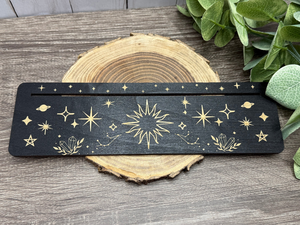 Card Stand, Card Holder, Card Board - Wooden Rectangle Sun, Crystals, Stars, Moon, Planet (Black)