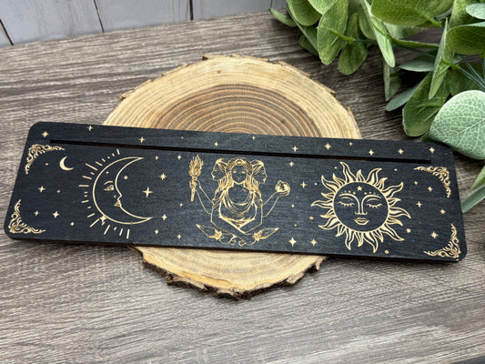 Card Stand, Card Holder, Card Board - Wooden Rectangle Moon, Sun, Triple Goddess (Black)