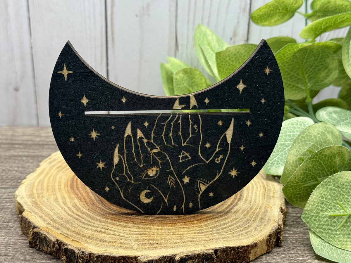 Card Stand, Card Holder, Card Board - Wooden Half Moon, mystical hands, eye, moon