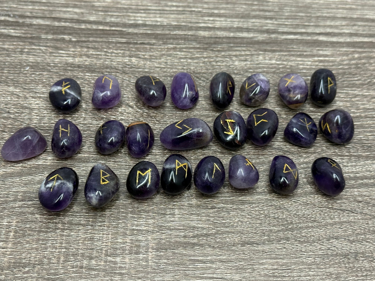 Amethyst Rune Stones Set Crystal with Elder Futhark Letterings - Set 1