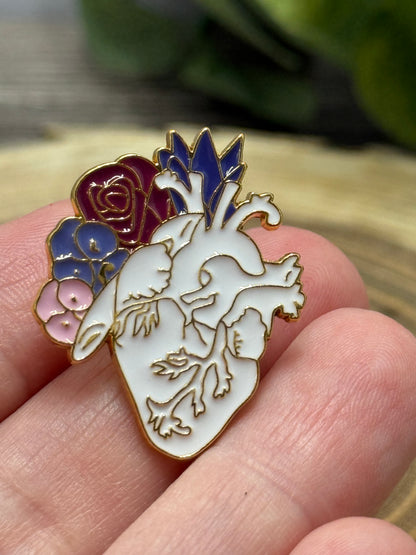 Anatomical Heart and Flowers Pin - Black or White