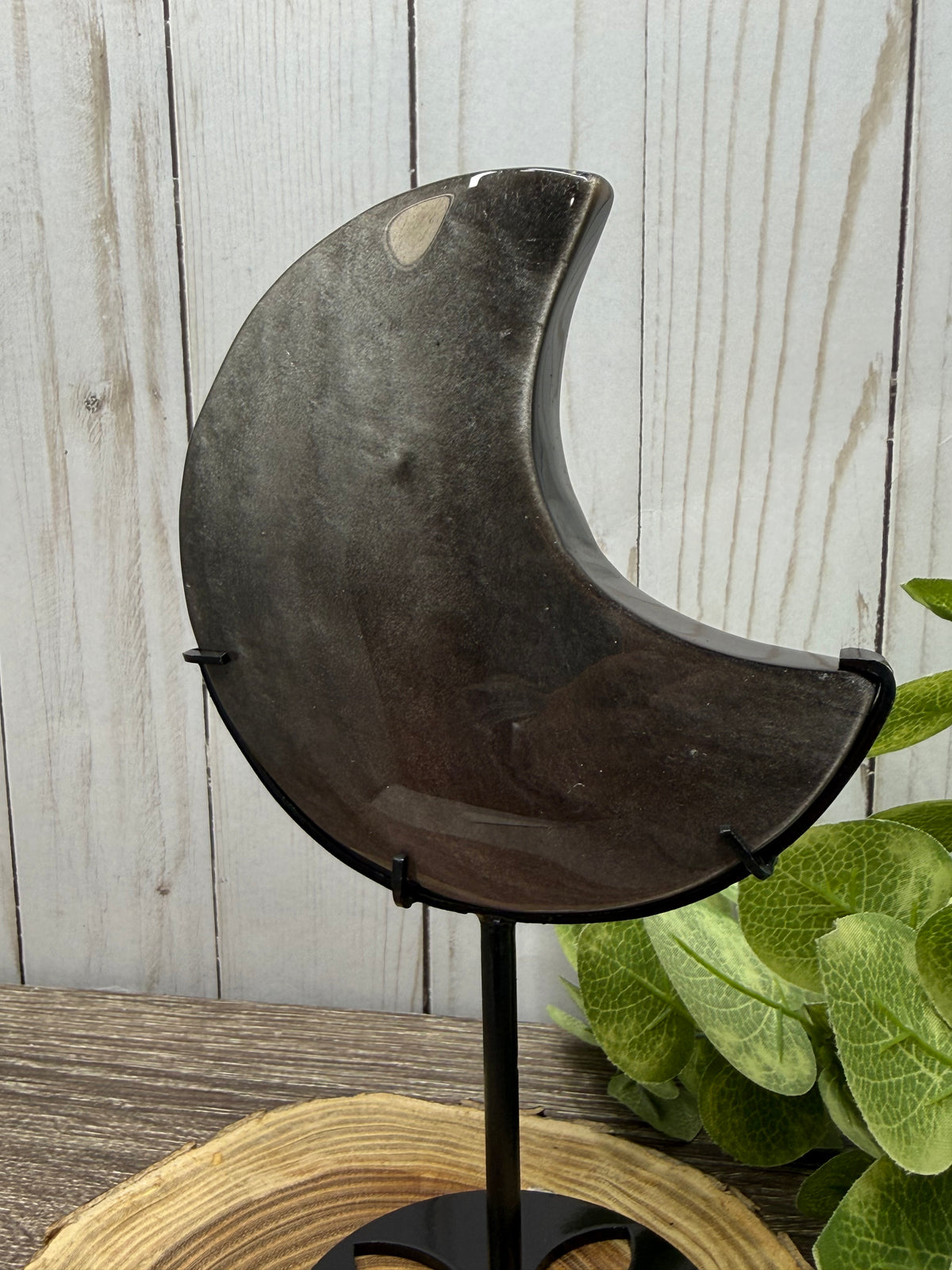 Silver Sheen Obsidian Moon on Stand