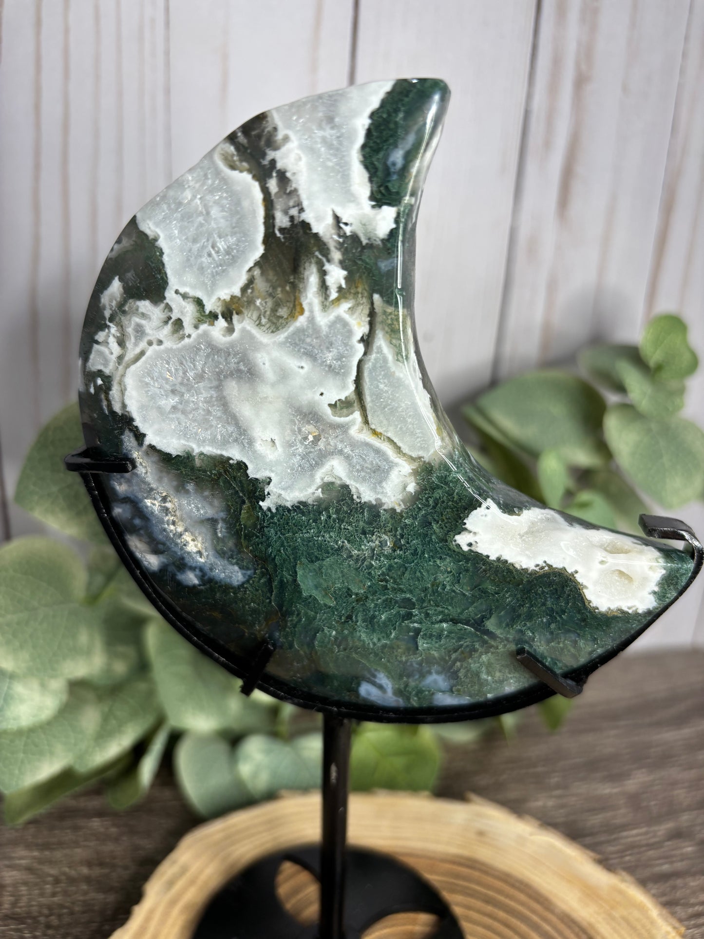 Moss Agate Moon on Stand