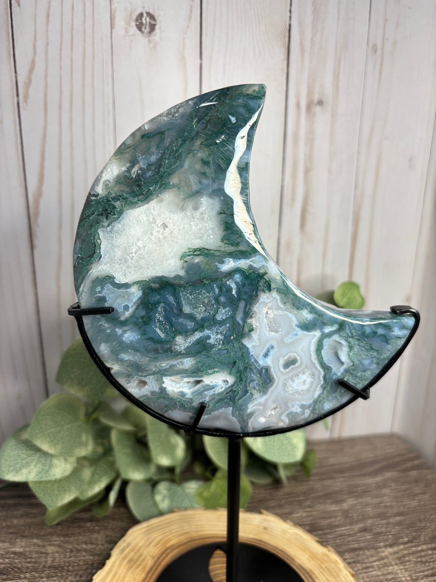 Moss Agate Moon on Stand