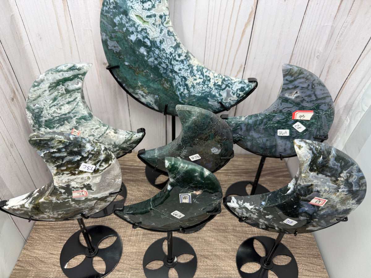 Moss Agate Moons on Stands (larger)