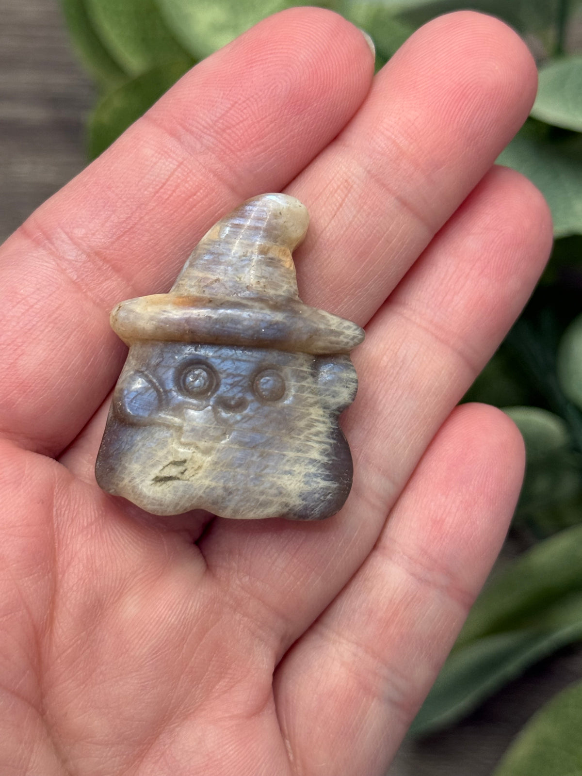 Moonstone Ghost with Witch Hat Carving