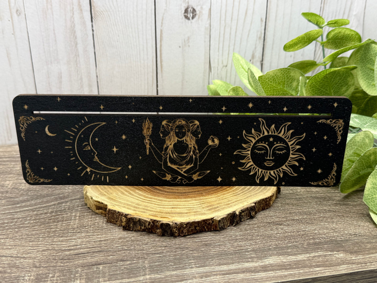 Card Stand, Card Holder, Card Board - Wooden Rectangle Moon, Sun, Triple Goddess (Black)