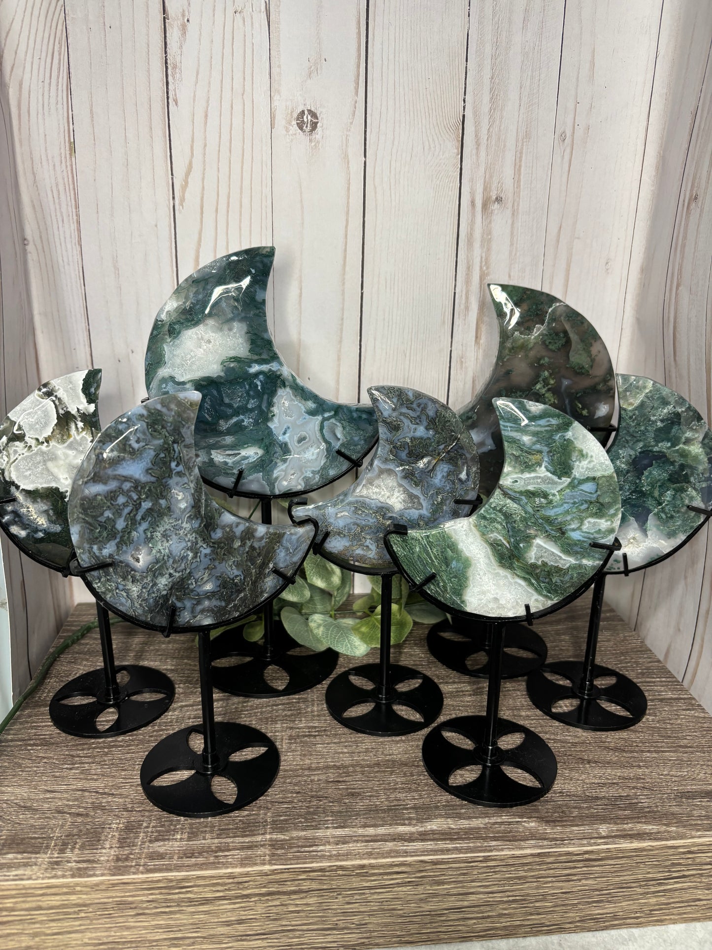 Moss Agate Moon on Stand