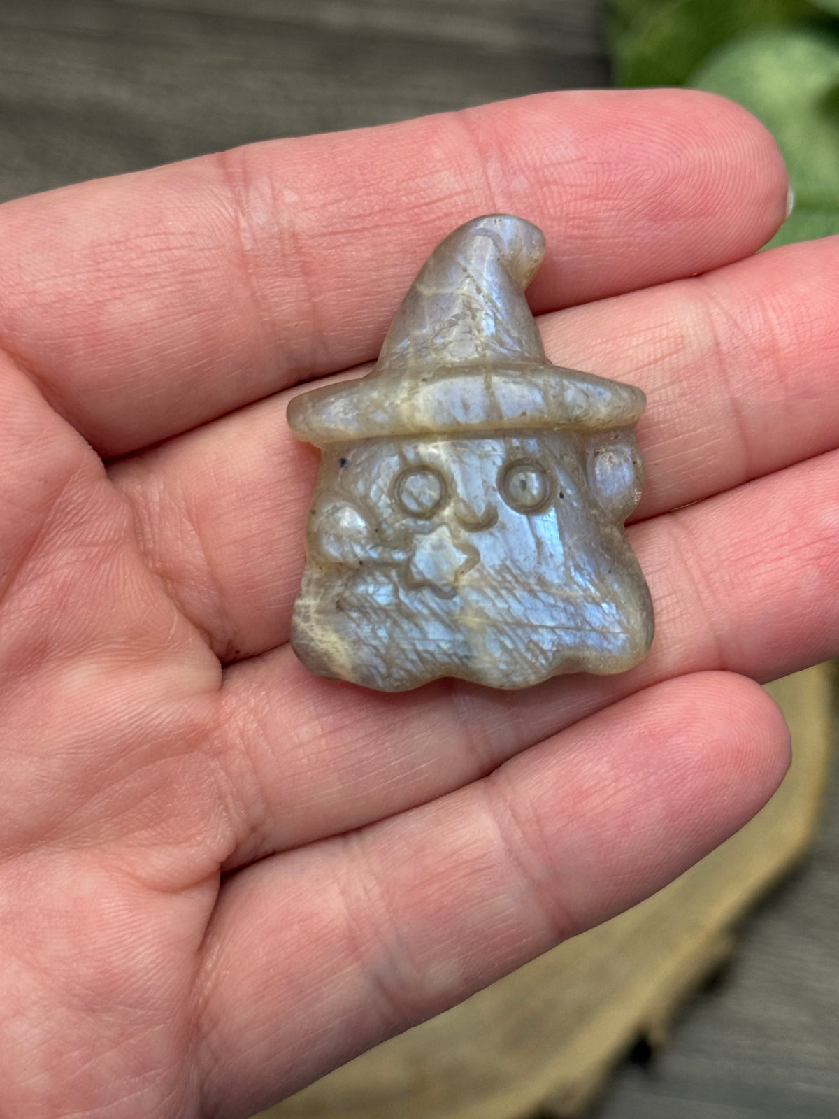 Moonstone Ghost with Witch Hat Carving